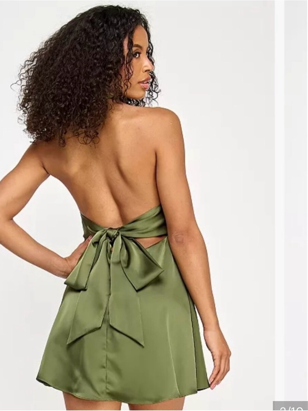 Olive Halter V-Neck Satin Mini Dress - L - Picture 2 of 9